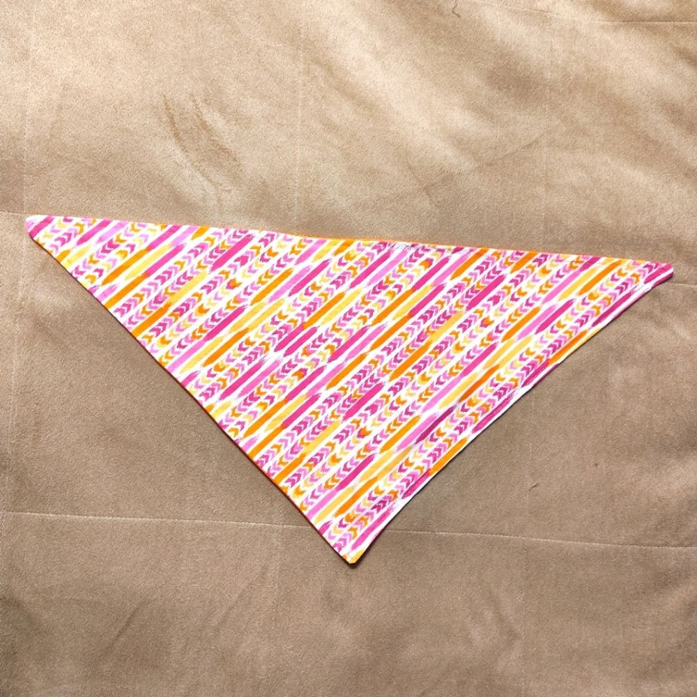 Handmade Reversible Tie On Dog Pet Bandana Orange Pink Yellow Striped Pattern